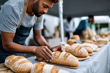 A passionate baker is meticulously crafting artisan bread at an outdoor market, emphasizing skill and creativity in the baking process enjoyed by many.