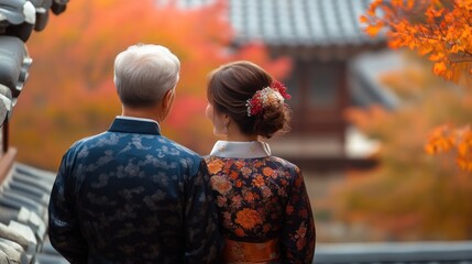 Fototapeta premium Elderly Couple in Traditional Attire Enjoying Autumn Scenery Together