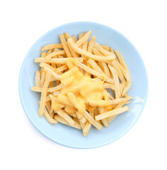 French fries with tasty cheese sauce isolated on white, top view