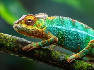 Colorful chameleon with textured skin perches on moss-covered branch, displaying vibrant hues of turquoise, green, yellow, and orange. Eye is prominent, capturing light vividly