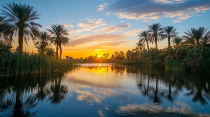 Obraz premium Stunning sunset over calm oasis lake with palm trees sky blue rays dawn view water light image photo