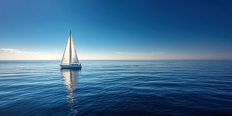 Obraz premium A sailboat on serene blue waters under clear skies. Used for nautical tourism ads, marine conservation content, or adventure literature.
