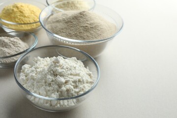 Different types of flour on white background, closeup. Space for text