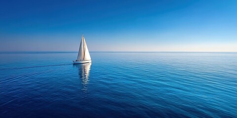 Obraz premium A sailboat on serene blue waters under clear skies. Used for nautical tourism ads, marine conservation content, or adventure literature.