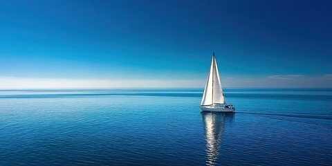 A sailboat on serene blue waters under clear skies. Used for nautical tourism ads, marine conservation content, or adventure literature.