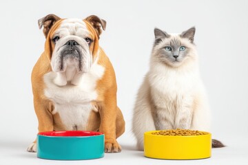 A cute bulldog and ragdoll cat are waiting for food with their bowls, studio shot with white background, concept of friendship and pet ownership, domestic animals.