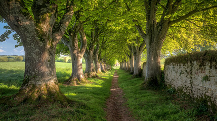 Fototapeta premium Sunlight Path Through Row Of Trees In Rural Area
