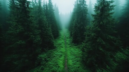 Obraz premium This captivating image showcases a serene misty forest pathway, enveloped by tall evergreen trees, creating a tranquil and mysterious atmosphere for nature lovers.