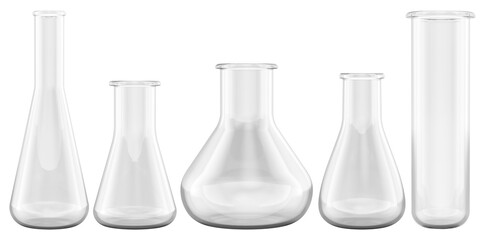 Chemistry laboratory glassware, empty chemical flasks. 3D rendering isolated on transparent background