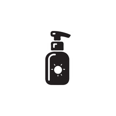 Obraz premium Simple icon of a sunblock bottle.A black and white graphic of a sun lotion bottle with a pump dispenser.