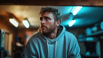 A young man in a gray hoodie looks away thoughtfully in a workshop, illuminated by striking blue lights, creating an ambiance of creativity and focus.