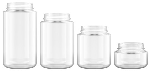 Empty Glass Jars, different size. 3D rendering isolated on transparent background
