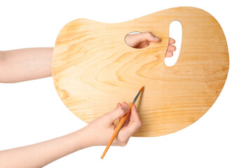 Artist with empty palette and brush on white background, closeup