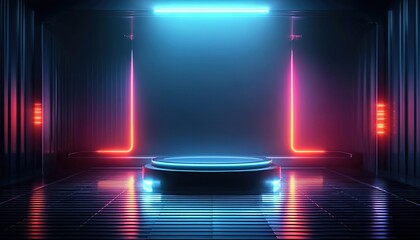 A sci-fi room features a double-layered circular metal platform with neon lights, ceiling strips, and grating floors. Suited for tech product launches, VR environments, or cyberpunk-themed media.