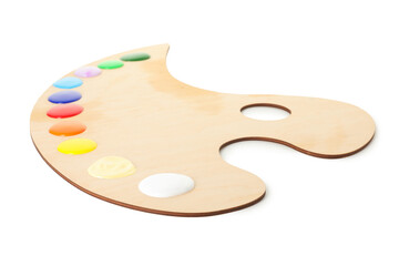 Wooden palette with paints isolated on white