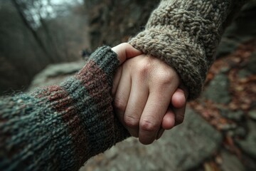 Hands clasped in wool sweaters offer comfort on a misty hike through natural stone formations and fallen leaves.