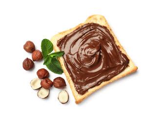 Toast with tasty chocolate hazelnut spread, nuts and mint isolated on white, top view