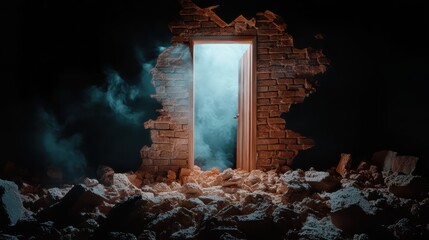 This haunting image depicts a door within a ruined brick wall, framed by hazy smoke, suggesting a portal to another realm filled with mystery and the unknown.