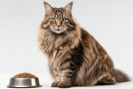 A majestic Maine Coon cat with a luxurious brown tabby coat sits beside a bowl of food, gazing directly at the camera with captivating green eyes, set against a plain background.