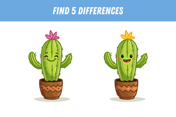 Find 5 differences between two pictures of cute cartoon cactus in a pot isolated on white background. Funny cacti in flat style. Activity page. Vector illustration.