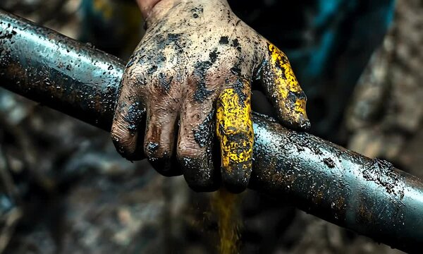 Grimy hands gripping a metal pipe.