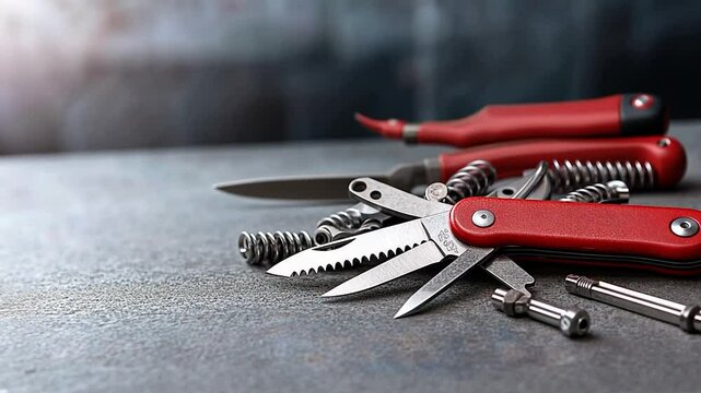 A close-up view of assorted multi-tools and screws on a textured surface, showcasing craftsmanship