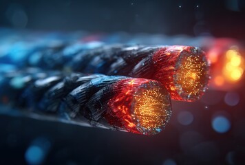 A glowing optical fiber cable close-up. Used in telecom ads, data infrastructure articles, or tech innovation visuals. 