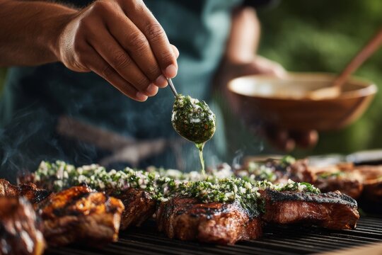 Chef pours fresh chimichurri sauce over perfectly grilled steaks, ready for a summer barbecue.