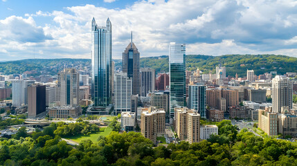 Obraz premium Aerial View Of Modern City Skyline With Skyscrapers And Green Spaces
