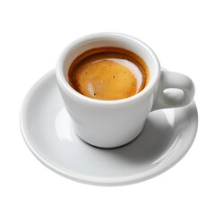 Obraz premium A steaming cup of rich espresso sits elegantly on a saucer, the dark brew inviting a moment of pure sensory indulgence and energizing start to the day. isolated background