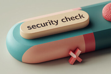 Beige button with "security check" text on teal and peach background, accompanied by red cross symbol, illustrating failed security concept