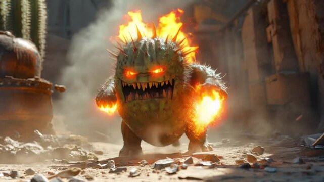 Fierce Spiky Cactus Monster with Glowing Orange Eyes in Desert Explosion with Flying Rocks and Flames