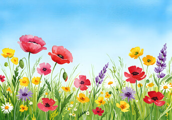 Naklejka premium Watercolor Field of Flowers and Grass Against Blue Sky - Floral Meadow Illustration.