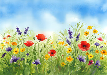 Naklejka premium Watercolor painting of a vibrant wildflower meadow, blue sky, poppies, lavender, yellow flowers, green grass, nature, summer.