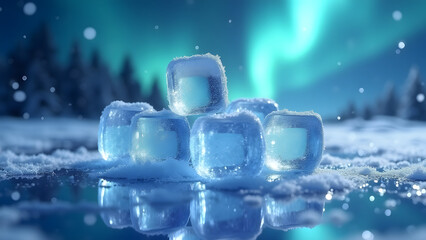 Ice dice under aurora borealis with frost patterns and falling snowflakes. Ultra HD photorealistic winter details.