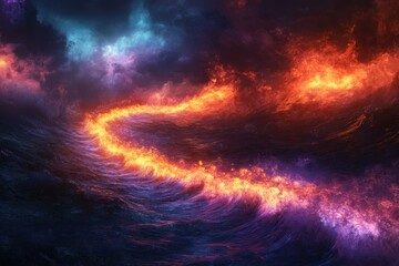 Obraz premium Fiery waves illuminate a dark ocean under a stormy sky at twilight