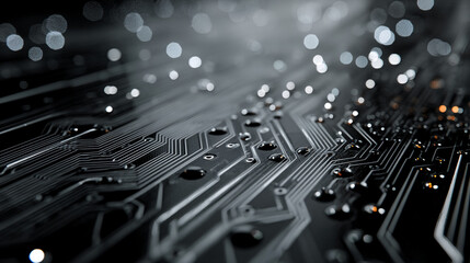 Fototapeta premium Close-up of dark circuit board texture with water droplets, showcasing technological detail and sleek design, symbolizing innovation, connection, and modern technology
