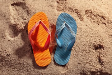 Top View of Colorful Flip-Flops on Sandy Beach. Generative AI.