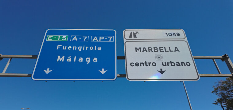 Road signs showing directions to Marbella, Fuengirola and Malaga in Spain