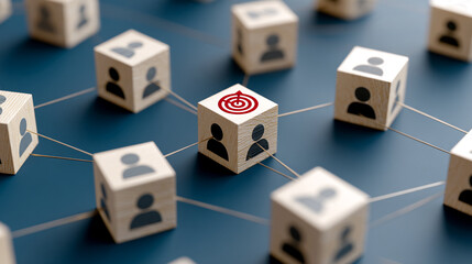 Wooden cubes depicting network connections, central cube shows target icon symbolizing focused strategy, team collaboration, and goal achievement