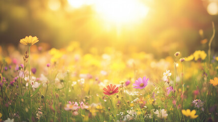 A Vibrant Flower Meadow in Full Bloom Bathed in Soft Golden Sunlight Evoking Serenity and Renewal (3)