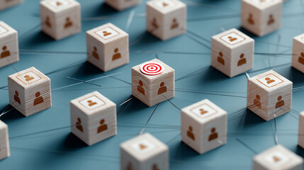 Wooden cubes with person icons form a network, one cube features a target, symbolizing strategic audience targeting or customer relationship management