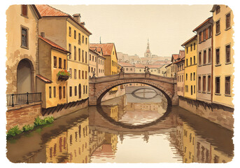 Fototapeta premium Watercolor painting of European cityscape, arched bridge over calm canal, historic buildings reflection