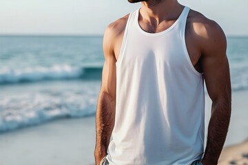 A blank white tank top mockup is placed on a man standing on the beach, with the blurred ocean waves creating a perfect summer scene.