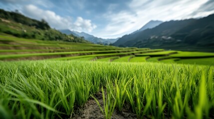Fototapeta premium A close-up view of lush green rice plants swaying gently in the breeze emphasizes the vitality and resilience of nature within the agricultural landscape.