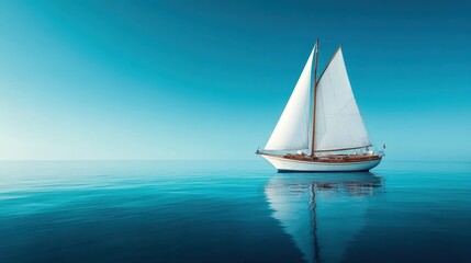 Fototapeta premium A stunning sailboat glides over a perfectly smooth blue ocean, creating a mesmerizing reflection that invokes feelings of peace and serenity in a vast, beautiful landscape.