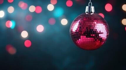 Obraz premium A stunning red disco ball hangs against a vibrant backdrop with soft bokeh lights, creating a festive atmosphere perfect for dance parties and celebrations.