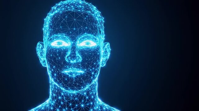Digital human face made of connecting dots, blue lights