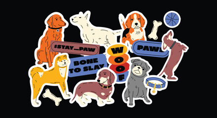 Cute dogs in groovy 90s style. Doodle cartoon puppies in retro aesthetic. Funny dog characters for stickers, vet and zoo design. Retro cartoon dogs in Y2K style. Kawaii puppies in doodle style for kid