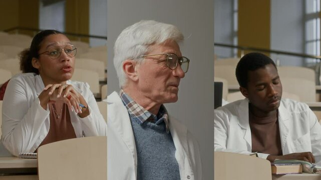 Split screen of Black female medical student asking senior male professor question during educational class while other learners writing down lesson key points at desks in lecture hall at college